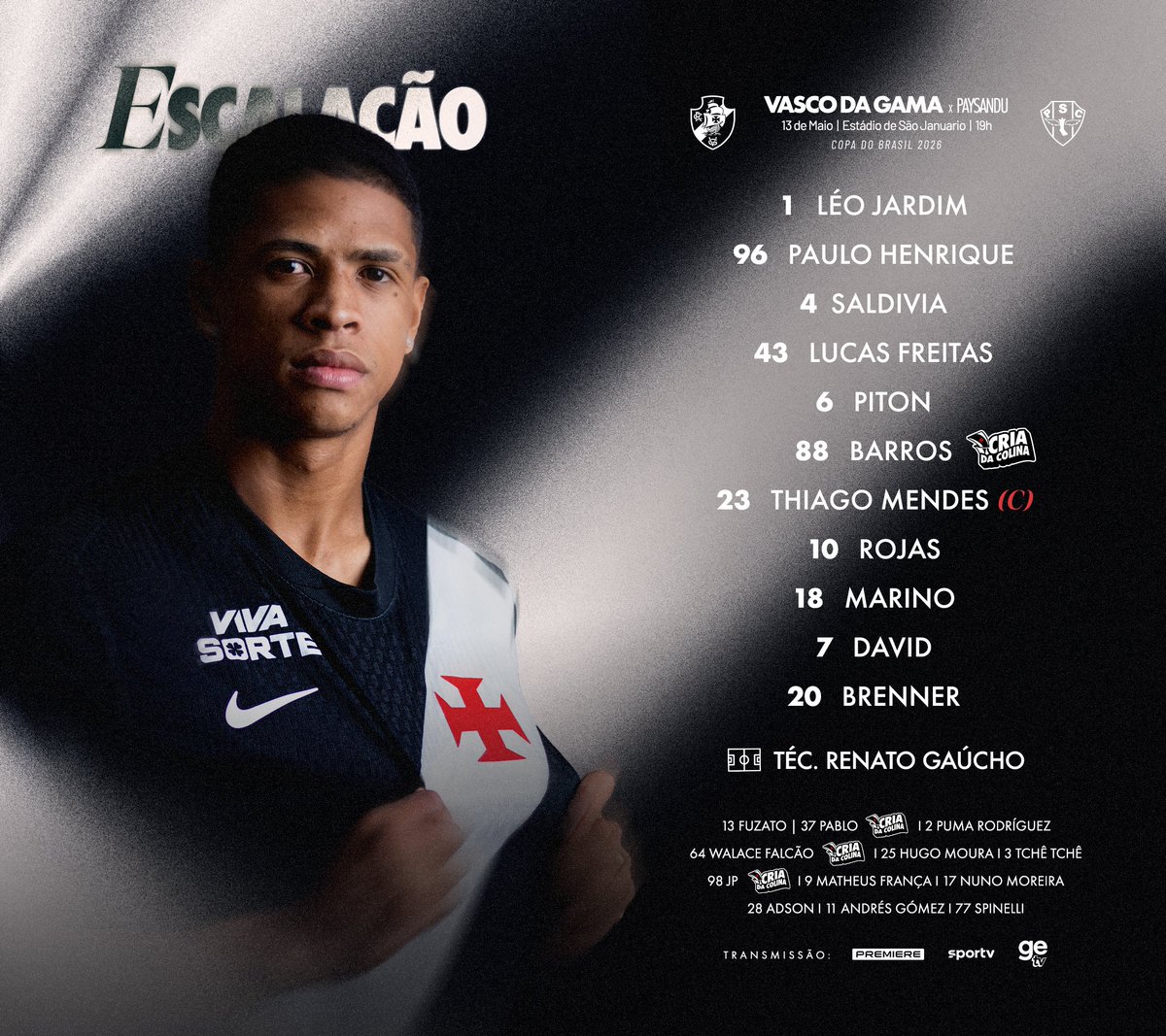 "Escalação do Vasco da Gama contra Paysandu: Marino, David e Brenner são os titulares no Estádio São Januário."