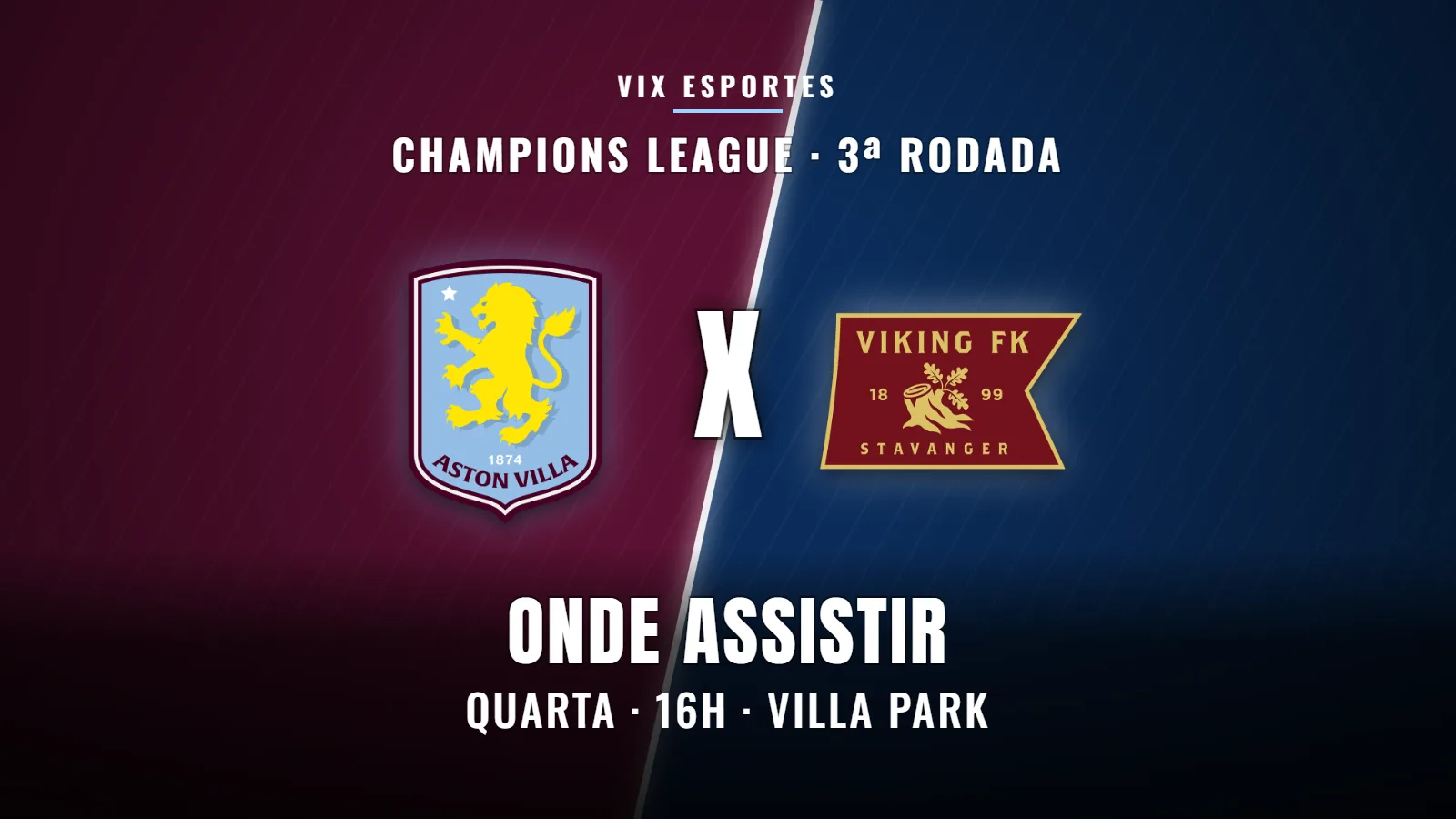 Arte do jogo Aston Villa x Viking pela 3ª rodada da Champions League 2026/27