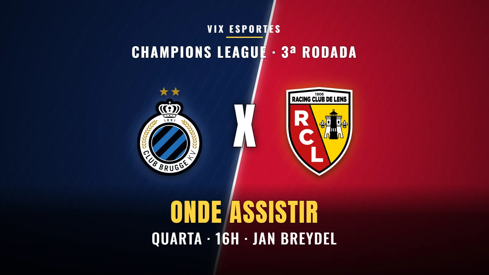 Arte do jogo Club Brugge x Lens pela 3ª rodada da Champions League 2026/27