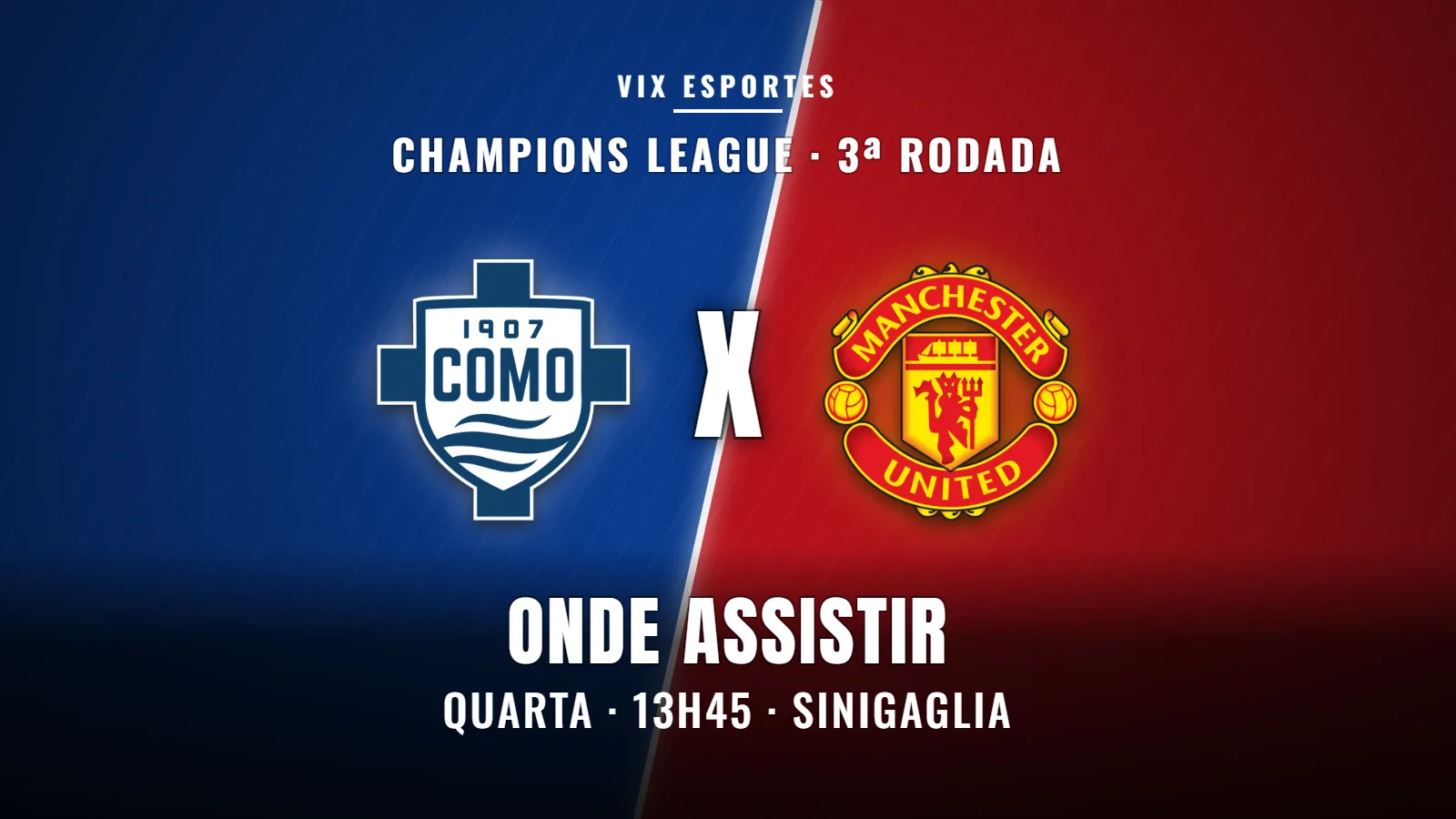 Arte do jogo Como x Manchester United pela 3ª rodada da Champions League 2026/27