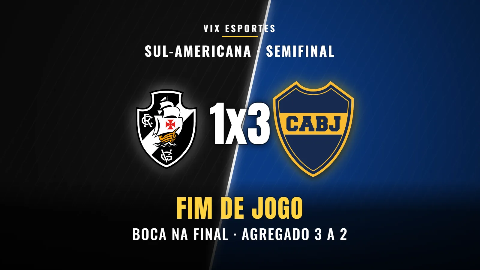 Arte do resultado Vasco 1 x 3 Boca Juniors pela semifinal da Copa Sul-Americana 2026